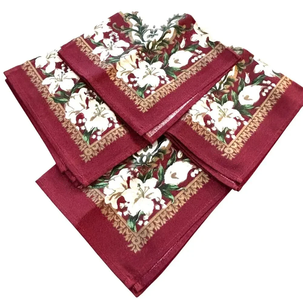 Retro 1980’s cloth napkins set of 4 in burgundy red & white lily brocade finish